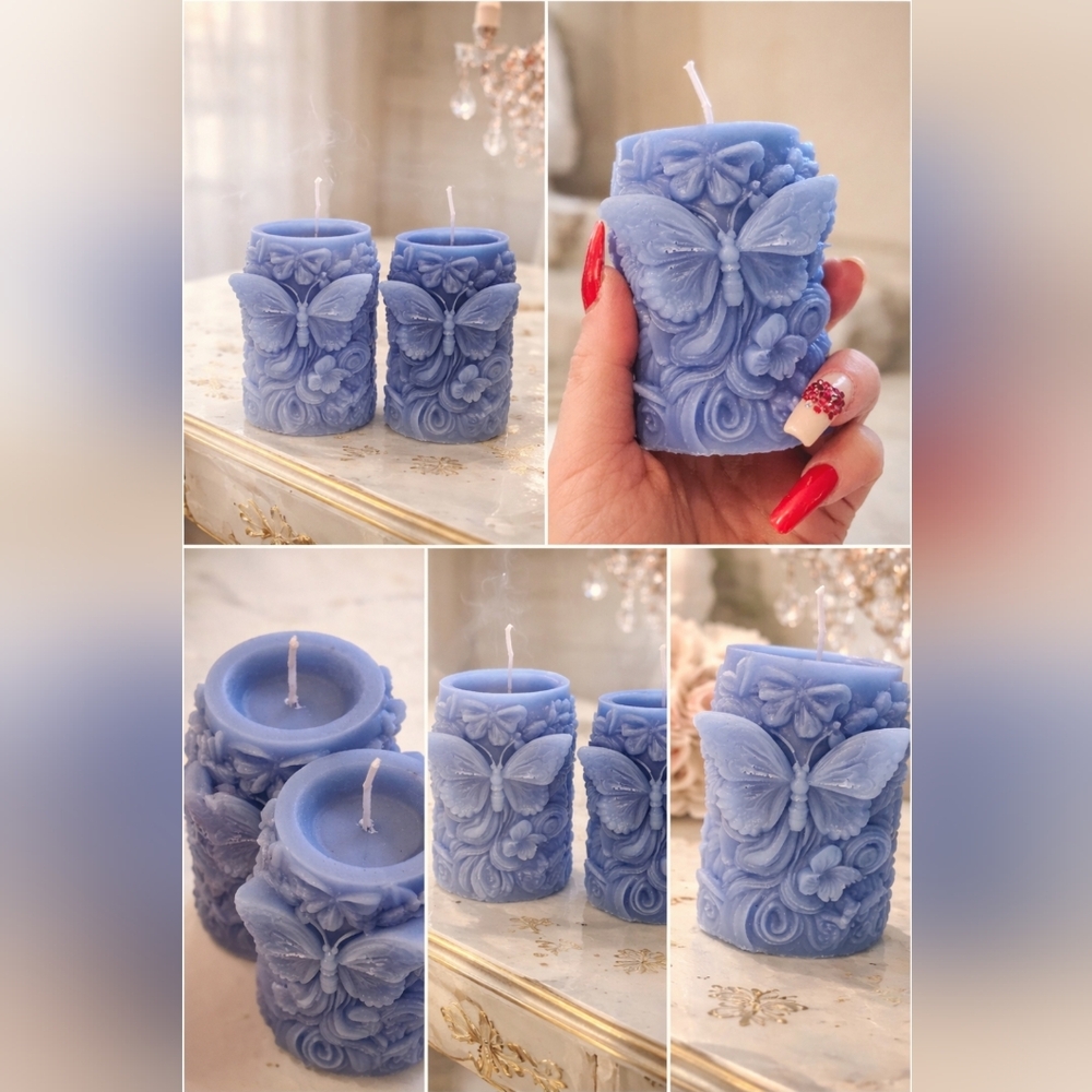 Set of 2 Butterfly Sculpted Candles – Periwinkle Blue Handmade - Picture 2 of 3